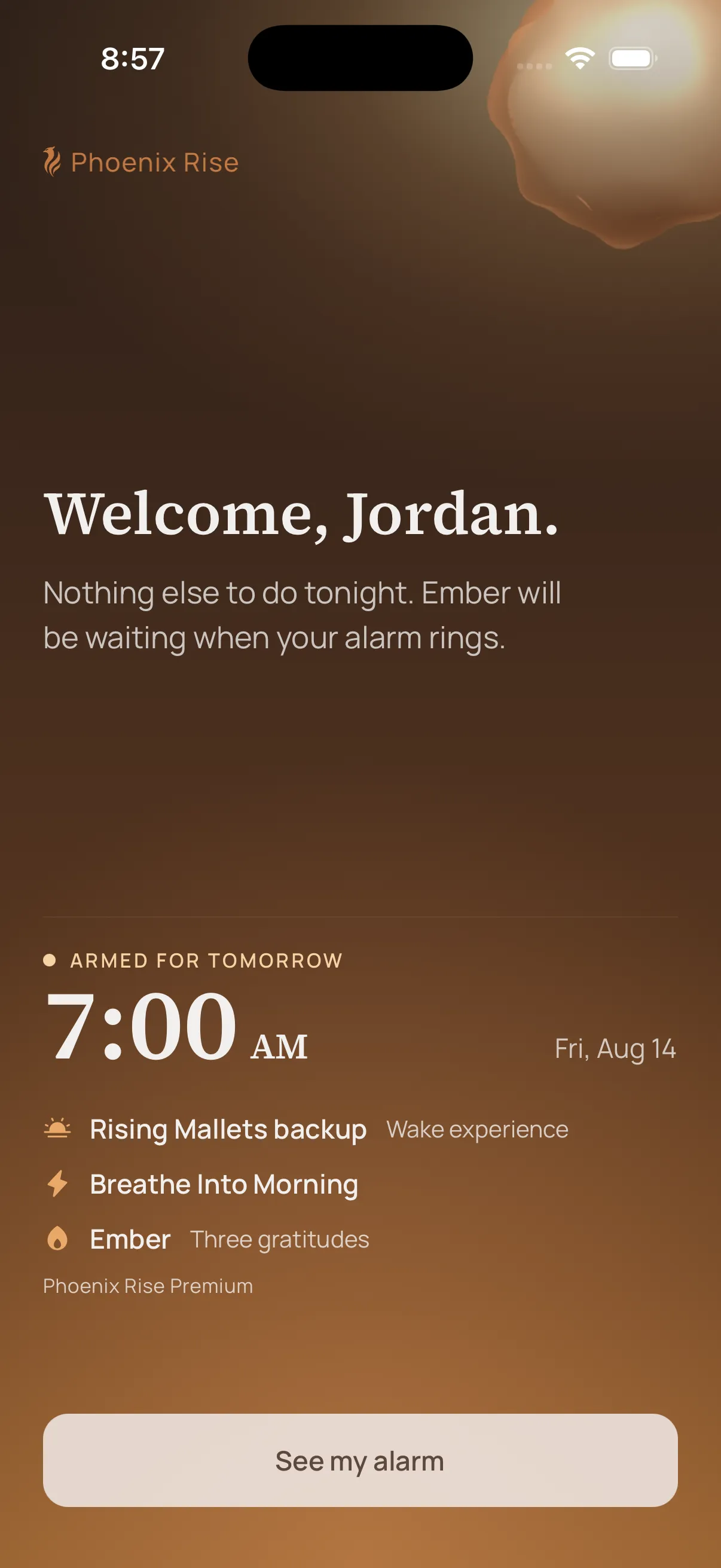 Phoenix Rise armed for tomorrow: a 7:00 AM alarm with a wake experience, Breathe Into Morning, and three gratitudes.